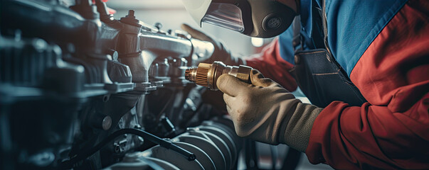 Car technician remove gas injector from engine. Car maintenance concept.