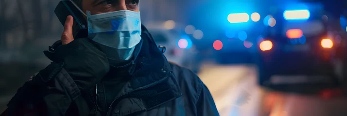  Police man with surgical mask talking with walkie talkie and patrol car with sirens and blue lights on the curfew in the streets during the state of alarm in the covid 19 coronavirus crisis. © john
