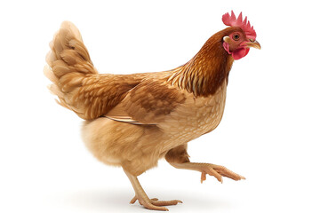 Running chicken hen on white background.