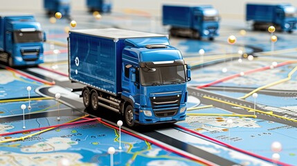 Distribution and delivery concept. GPS tracking from top view moving truck with container on a map. Business background.