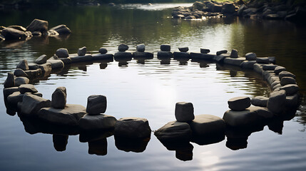Show me a picture of stones forming a circle around a tranquil lake.