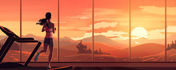 Woman is running on treadmill in sunset light.