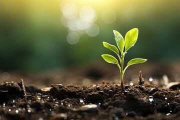 Young Plant Growing. Carefully Nurtured with Morning Sunlight and Raindrops, Green Bokeh Background