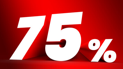 75 percent sign. White letter on red background. 3d. Copy space.