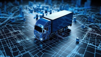 GPS tracking from top view moving truck with container on a map. Distribution and delivery concept. Business background.