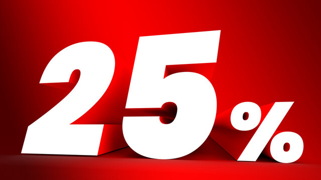 25 percent sign. White letter on red background. 3d. Copy space.