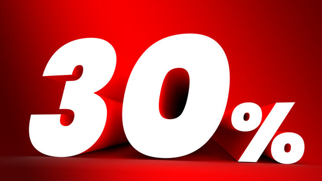 30 percent sign. White letter on red background. 3d. Copy space.