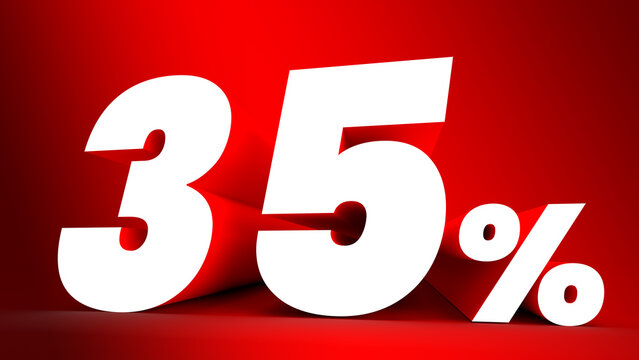 35 percent sign. White letter on red background. 3d. Copy space.