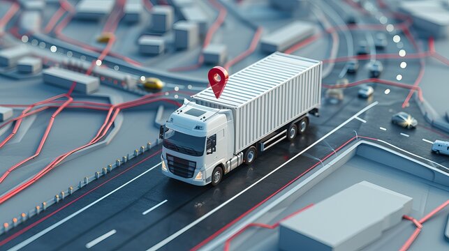 GPS tracking from top view moving truck with container on a map. Distribution and delivery concept. Business background.