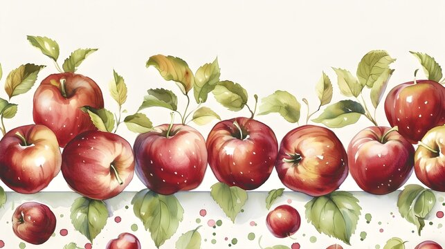 Whimsical Apple Painting: Fruit, Leaves, and Dots on White Background