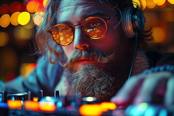 A man with a beard, wearing eyewear and headphones, is having fun playing music on a turntable at an indoor event. His facial hair adds to the entertainment of the recreation