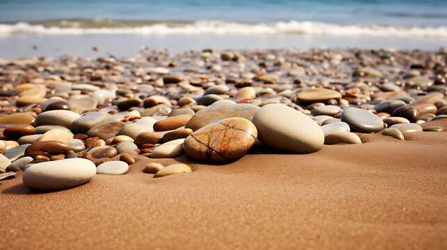Show me a picture of stones on a sandy beach, shaped by the tide.