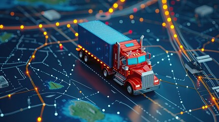 Distribution and delivery concept. Business background. GPS tracking from top view moving truck with container on a map.  - obrazy, fototapety, plakaty