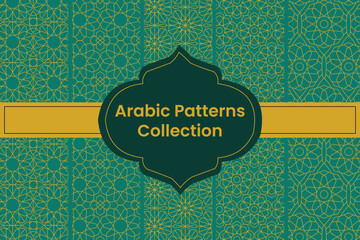 Set of Golden Arabic Patterns on Green Background, Vector