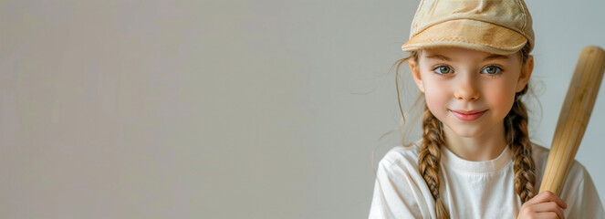 Portrait of a little girl in a baseball cap and with a baseball bat with a sweet smile. Grey background. The concept of physical health and sports in school-age children. The banner