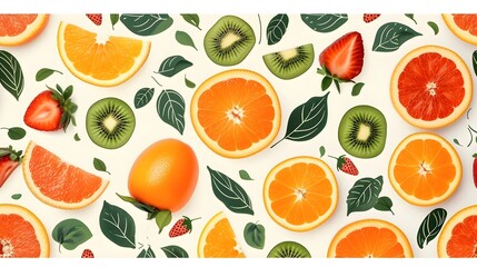 Fresh Fruit Pattern: Oranges, Kiwis, Strawberries on White Background