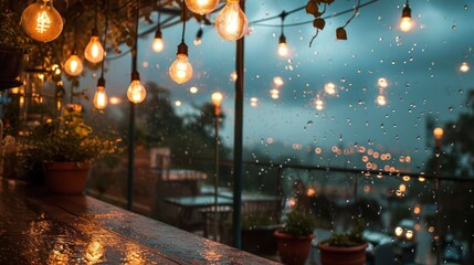 dramatic rain sky backdrop, bathed in the soft and muted glow of cafe lights, creating a cozy and comforting ambiance during urban rainfall