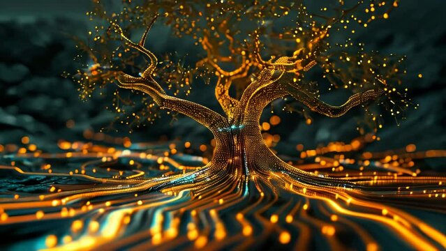 A tree covered in electronic circuits. Organic data fusion concept.