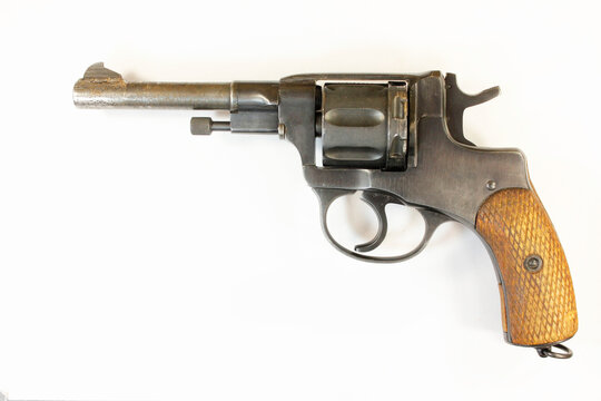 Nagant revolver on a white background, close-up