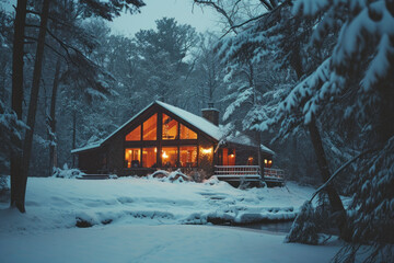 Cozy cabin lit up at twilight in snowy forest. Winter tranquility and home comfort.