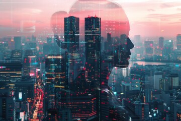 AI shadow falling over a futuristic cityscape - obrazy, fototapety, plakaty