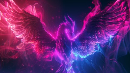 A mythological deity resembling a neon phoenix rising from the ashes - obrazy, fototapety, plakaty