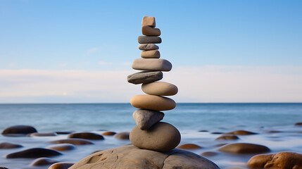 Fototapeta na wymiar Show me stones arranged to create a balancing sculpture near the ocean.