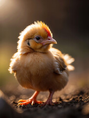Obraz premium Chicken. Generative AI. Small yellow fluffy chicken on a dark background. Illustration AI