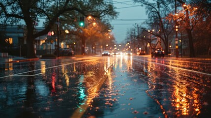 Fototapeta premium dramatic rain sky composition with ample copy space, illuminated by the vibrant and electric hues of traffic lights, capturing the intensity of urban rainfall
