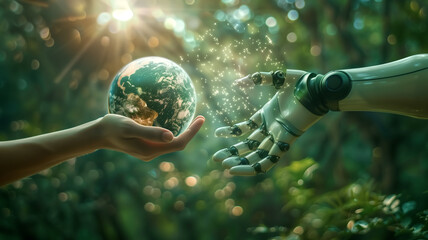 Human hands and robot hands holding the planet earth. help each other to take care of the world - obrazy, fototapety, plakaty
