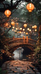 A bridge over a river with lanterns hanging over it