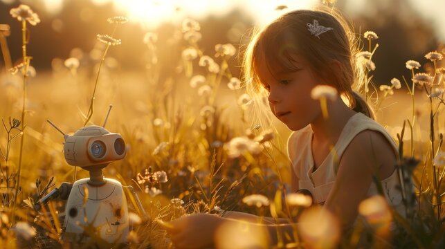 A little girl sitting in a field with a robot toy