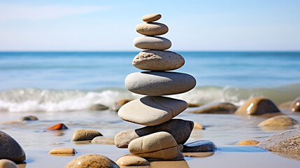 Show me stones arranged to create a balancing sculpture near the ocean.