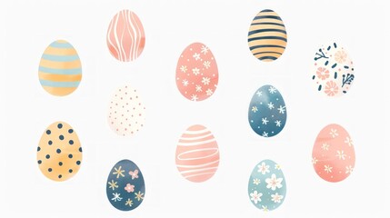 Fototapeta premium Collection of 10 Easter eggs with delightful textures, rendered in gentle hues and arranged neatly on a white background.