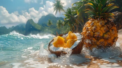 A pineapple and a bowl of fruit on a beach