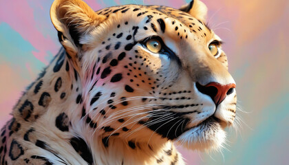 Fantasy Illustration of a wild animal leopard. Digital art style wallpaper background in pastel colors.