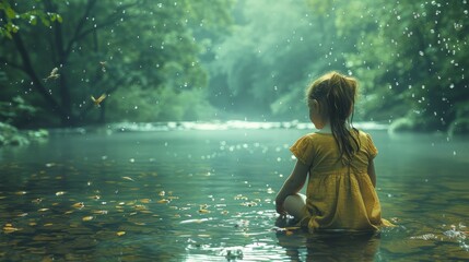 A little girl sitting in the water in the rain