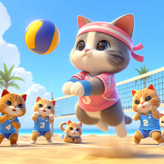 a small kitty is playing volleyball with other kitties