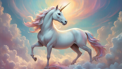 Fantasy Illustration of a wild unicorn Horse. Digital art style wallpaper background in pastel colors.