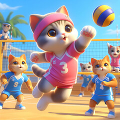 a small kitty is playing volleyball with other kitties