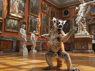 A lemur exploring a Renaissance art gallery featuring flamenco dancers and ice age sculptures...