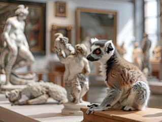 A lemur exploring a Renaissance art gallery featuring flamenco dancers and ice age sculptures created by 3D printing