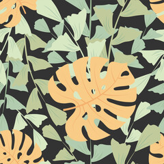 Seamless pattern with hand drawn tropical leaves on black background.
