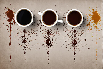 coffee beans on a surface, some beautiful three cup of coffees.