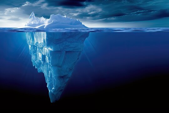 The iceberg is a hidden danger and the concept of global warming. Floating ice in the ocean. A copy space for text and design.