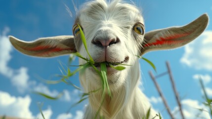 close up of a goat eating grass