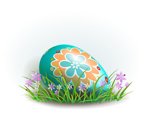 Illustration of Easter egg and grass with flowers, design element.