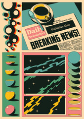 Breaking News, Coffee Cup, Newspaper, Abstract Geometric Shapes Colorful Illustration 