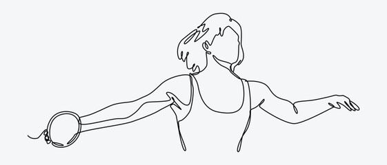 Continuous one line drawing of discus throwing athlete. sport, athletics. Editable stroke. Isolated on white background. Vector illustration.