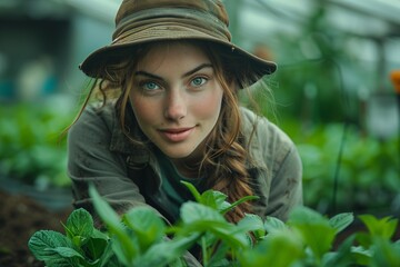 A woman wearing a sun hat is smiling as she observes terrestrial plants in a greenhouse, blending in with the natural landscape like military camouflage